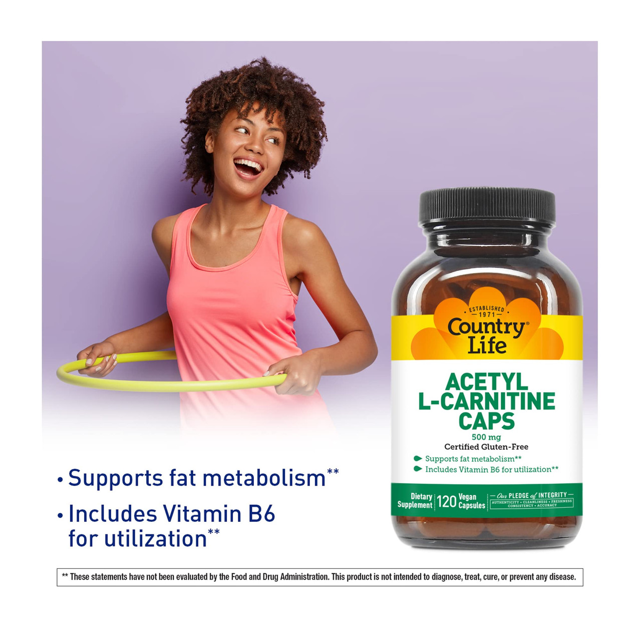 Country Life Acetyl L-Carnitine Caps With Vitamin B-6 To Aid In Utilization  500Mg 120