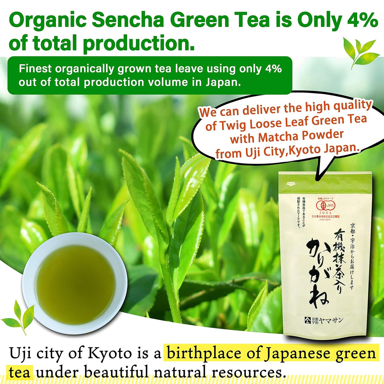 Yamasan Kyoto Uji Organic Green Tea Kukicha Twing tea with Matcha