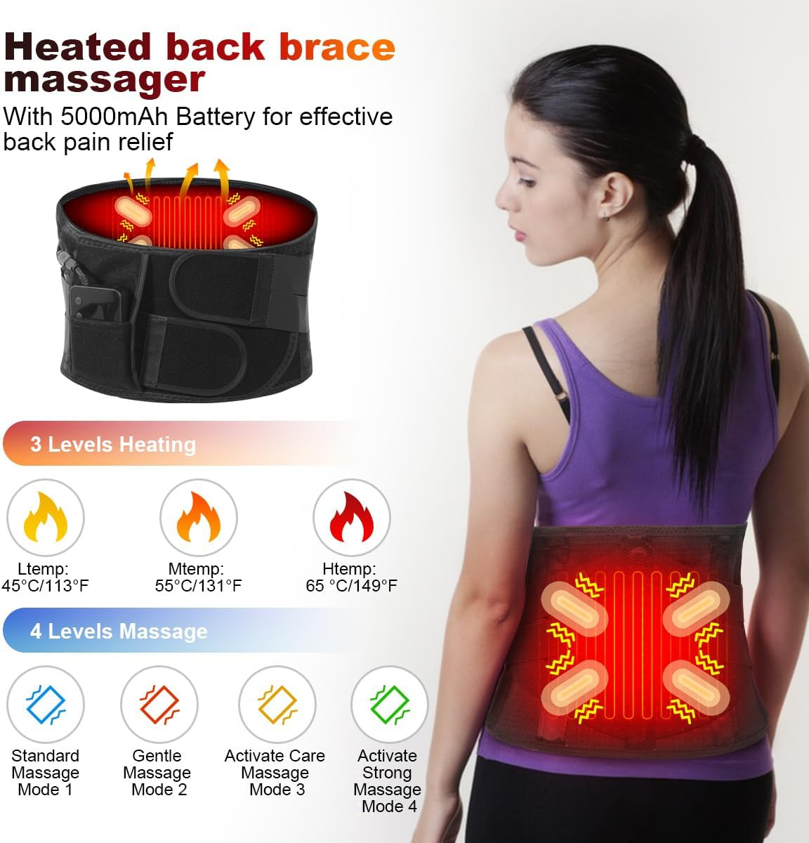 Cordless Heating Pad Back Massager Brace For Lower Back Pain Relief, Heated  Back Brace Vibration Wrap