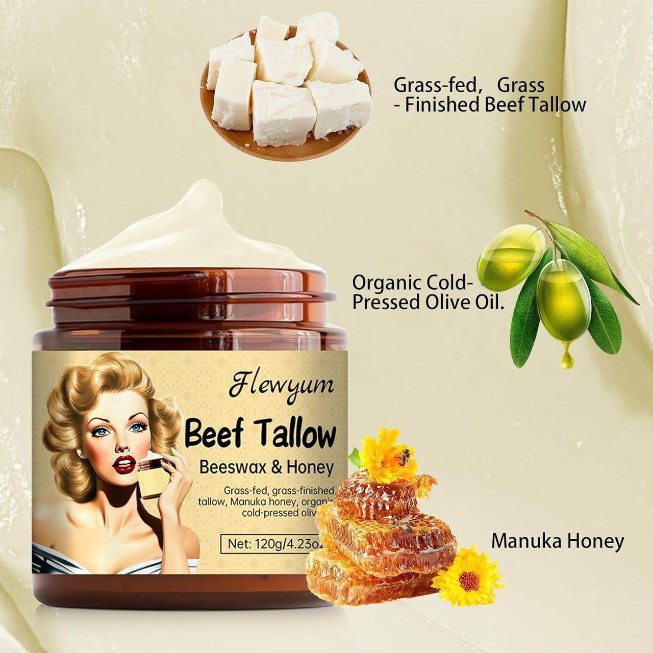120g Whipped Beef Tallow And Honey Balm - Moisturizing Face Cream Body Butter