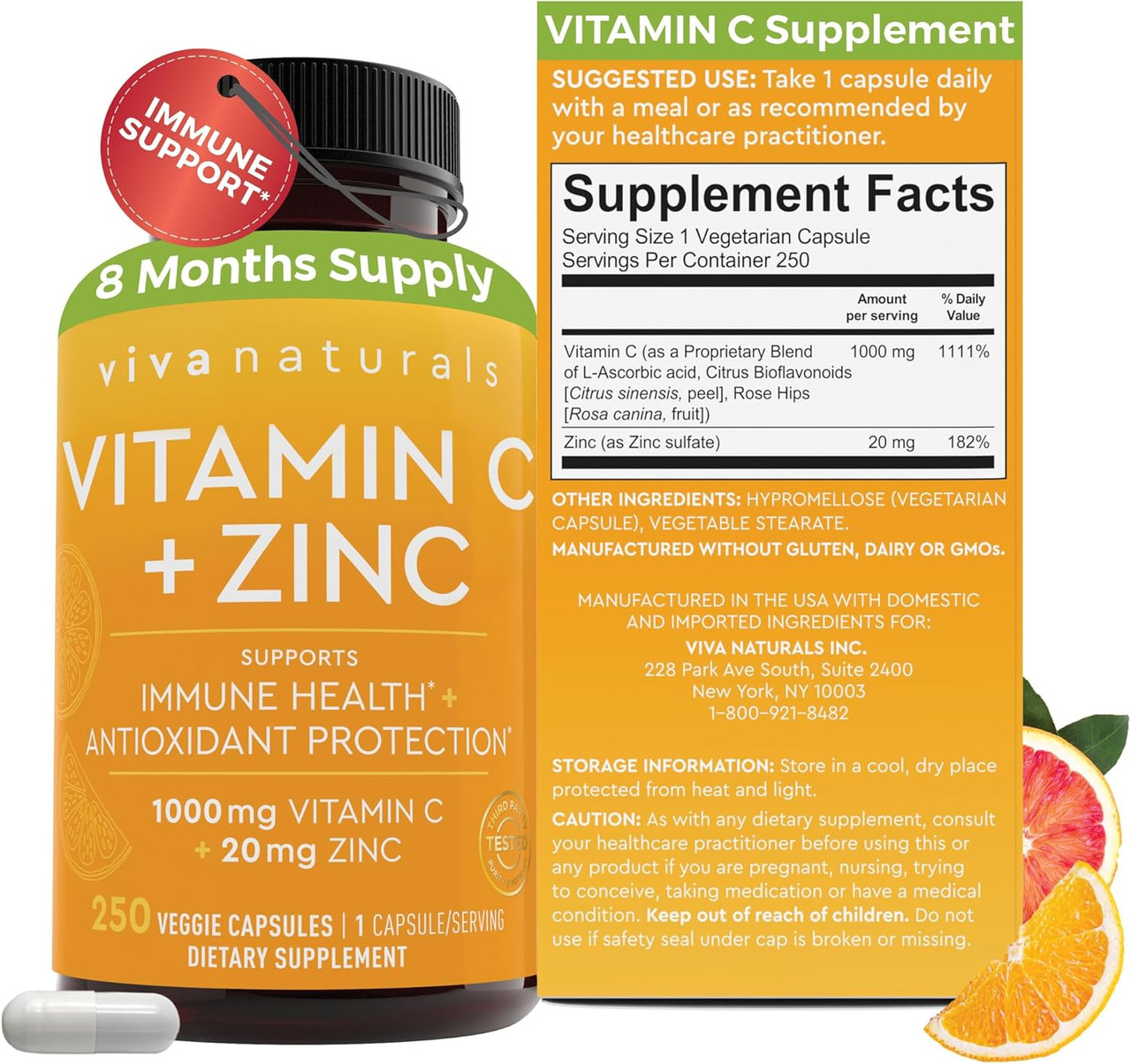 Viva Naturals Vitamin C And Zinc Supplement (250 Capsul | Buy at Kiwla
