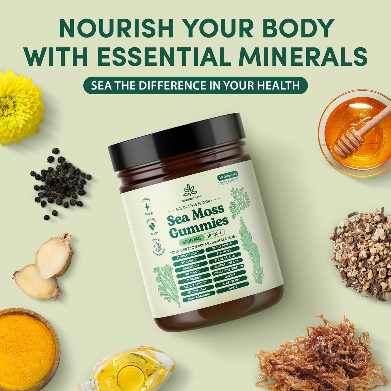 Sea Moss & Shilajit Supplement Blend With Black Seed Oil, Turmeric, Ashwagandha, Ginger & Vitamin D