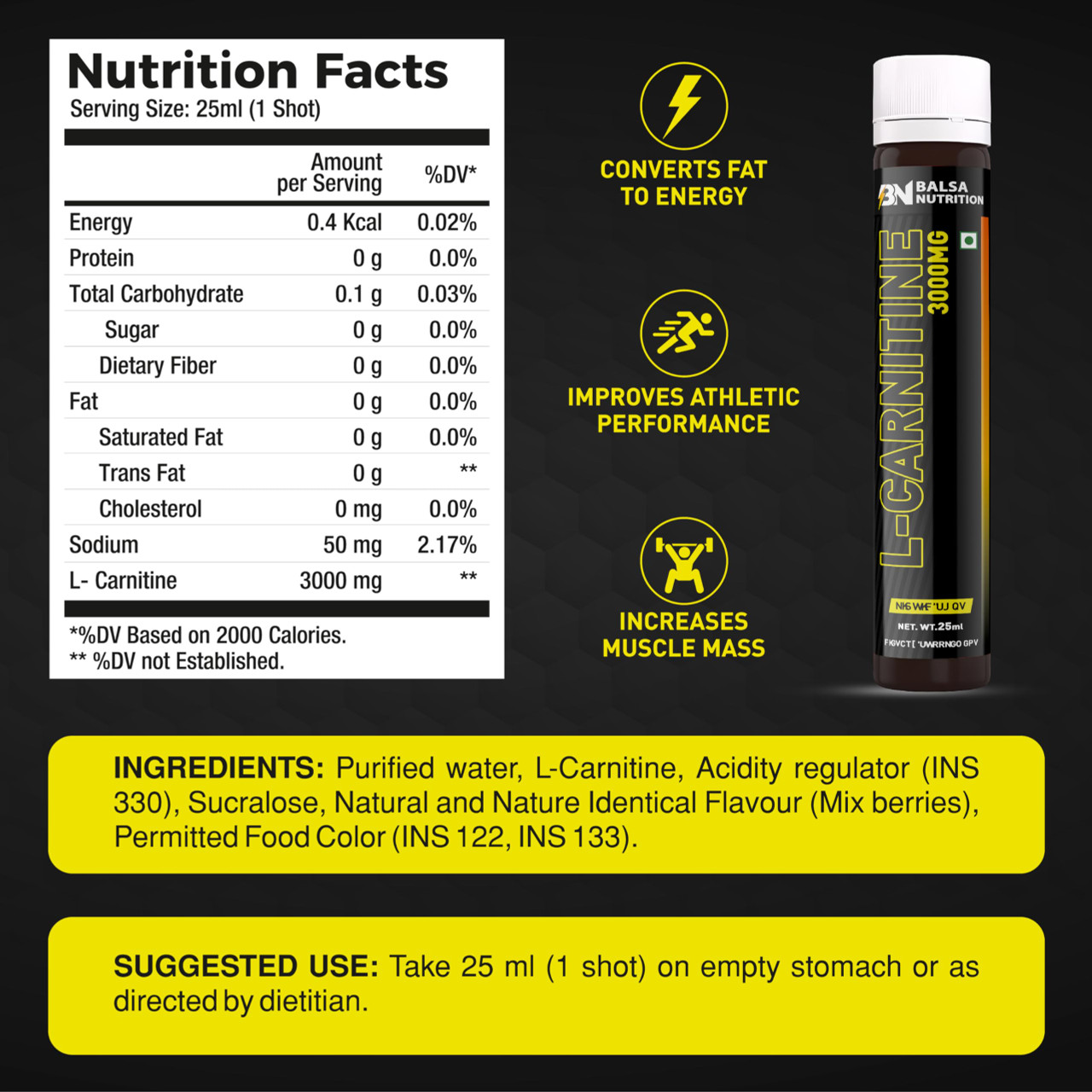 Balsa Nutrition L-Carnitine 3000mg- 20 Shots x 25ml, 20 Serving