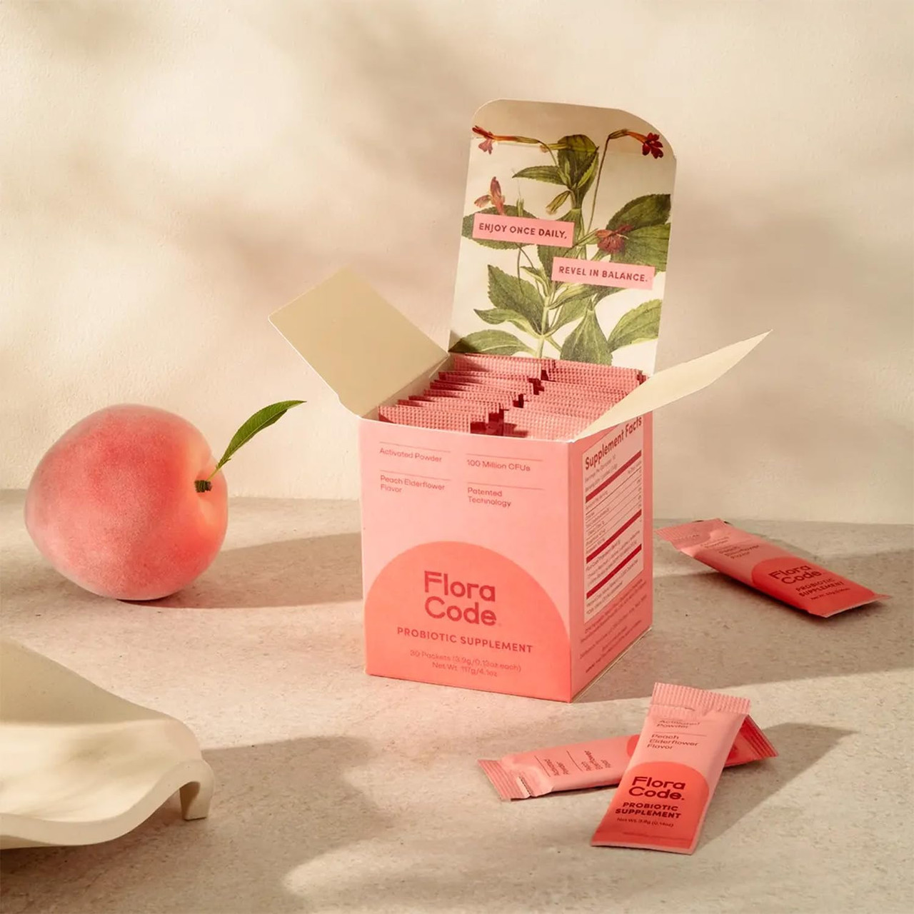 Flora Code Probiotic Powder Peach Elderflower Flavor 30 Day Supply