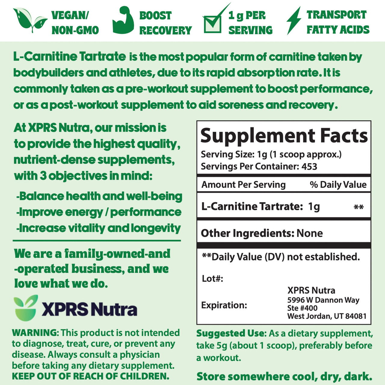 XPRS Nutra L Carnitine L Tartrate Powder - Premium Pure L Carnitine Tartrate  - L-Carnitine Powder