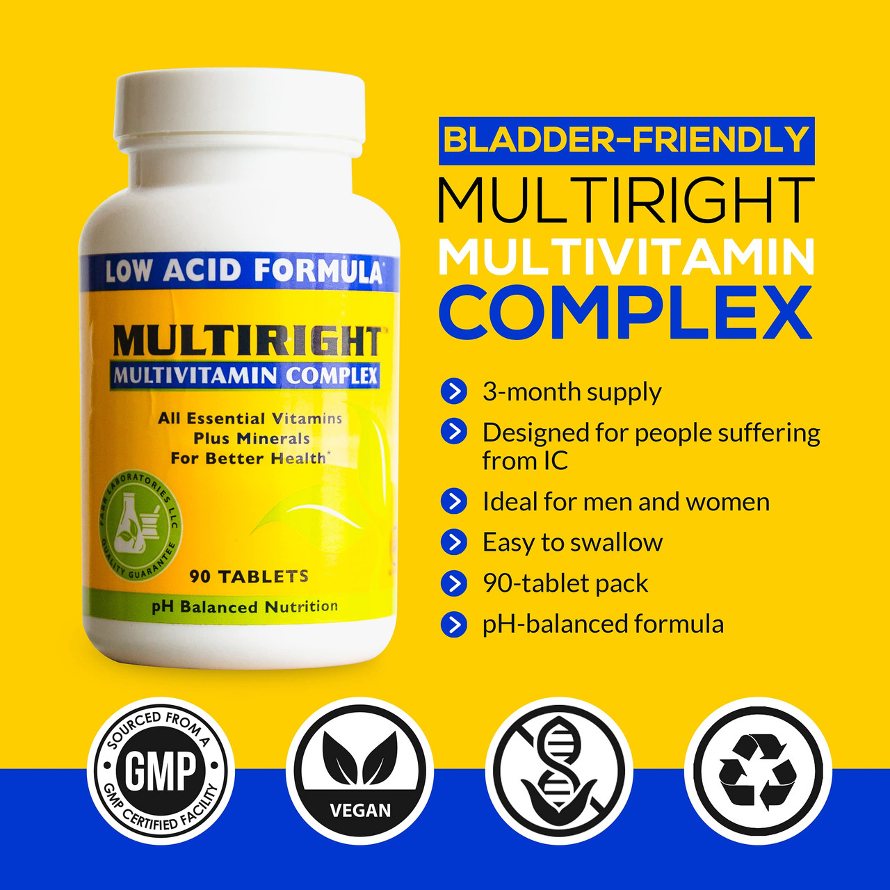 MultiRight Low Acid Multivitamin Complex Vitamins A, C, D3, E, K 90