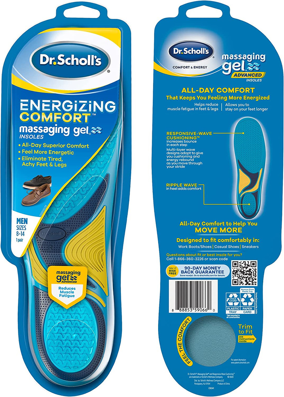 Scholls Comfort and Energy Massaging Gel Insoles Mens Size 814