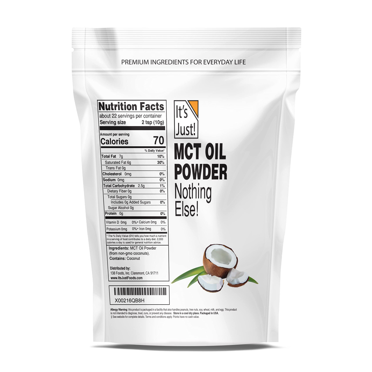 It's Just - MCT Oil Powder C8:C10 (60:40), 70% Fat, Non-Dairy, Keto Coffee