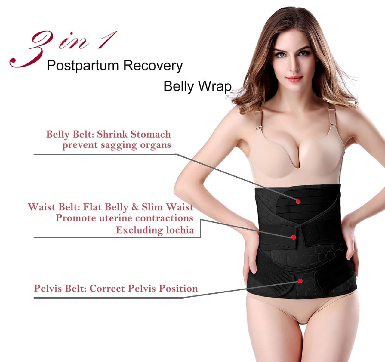 3 in 1 Postpartum Belly Wrap - Recovery Belly/Waist/Pelvis Belt Black Postpartum  Belly Band, Black