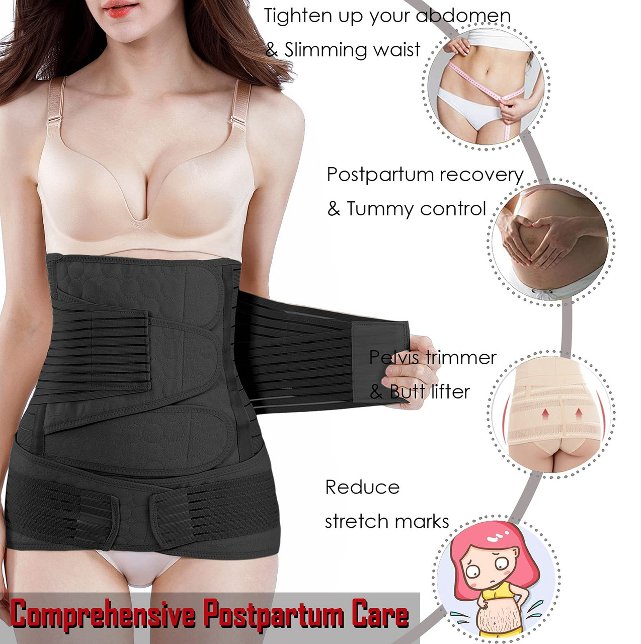 2 in 1 Postpartum Belly Band - Recovery Belly/Pelvis Belt Black Support  Postpartum Belly Band,Black