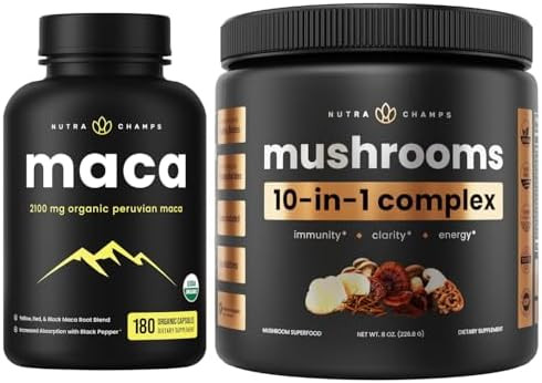 Nutrachamps Maca Root Capsules & 10In1 Mushroom Powder Mood Cognition & Energy Bundle