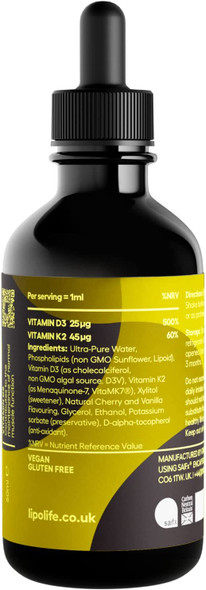 LVD1  Great Tasting High Strength Liposomal Vegan Vitamin D3 and Vitamin K260ml  lipolife Vitamin D  K2 Offering Support for Joints and Immune System
