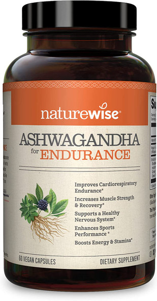 NatureWise Ashwagandha for Endurance Adaptogen Adrenal Support Supplement with KSM66 Vitamins Ginseng  Green Tea Extract Packaging May Vary Light Brown 60 Count