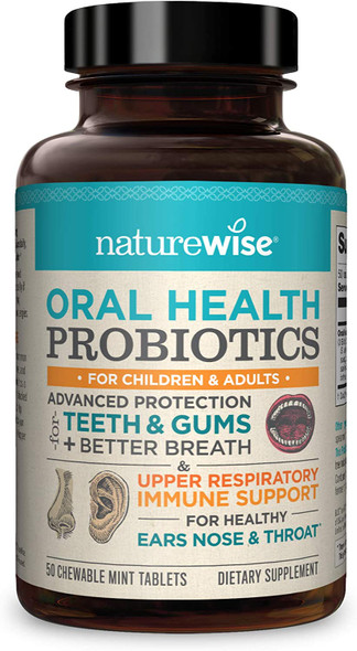 NatureWise Oral Health Chewable Probiotics  Supports Healthy Teeth Gums  Better Breath  Ear Nose Throat Immunity for Kids  Adults  SugarFree Natural Mint Flavor 2 Month Supply  50 Tablets