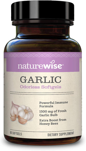 NatureWise Garlic Odorless Softgels 1500mg Support for Cardiovascular Function  Immune System Health with Antioxidants  Bee Pollen for Everyday Wellness Black 60 Count
