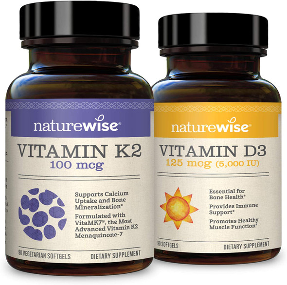 NatureWise Vitamin K2  Vitamin D3 5000IU 3 Month Supply  90 softgels per Bottle