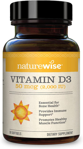 NatureWise Vitamin D3 2000iu 125 mcg for Healthy Muscle Function Bone Health and Immune Support NonGMO Gluten Free in ColdPressed Olive Oil Packaging May Vary Yellow 30 Count