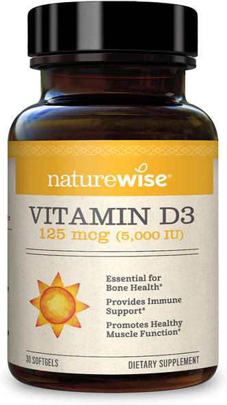 NatureWise Vitamin D3 5000iu 125 mcg 1 Month Supply for Healthy Muscle Function Bone Health and Immune Support NonGMO Gluten Free in ColdPressed Olive Oil Packaging May Vary 30 Count