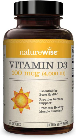 NatureWise Vitamin D3 4000 IU NonGMO and GlutenFree in ColdPressed Organic Olive Oil Capsule Yellow 360 Count