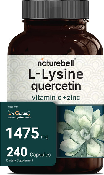 LLysine 1000mg  Quercetin 250mg Supplement 240 Capsules Free Form 4in1 Lysine Complex Quercetin with Vitamin C and Zinc  Immune Support  Promote Lips  Skin Health