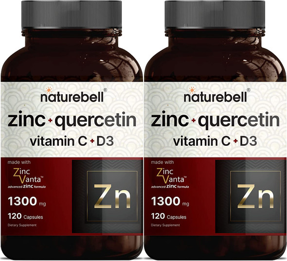 2 Pack Naturebell Zinc Quercetin with Vitamin C  D3 120 Capsules Quercetin 1000mg 4 in 1 Zinc 50mg Vitamin C 250mg Vitamin D3 5000 IU  Advanced Immune Defense ZincVanta Lung Support