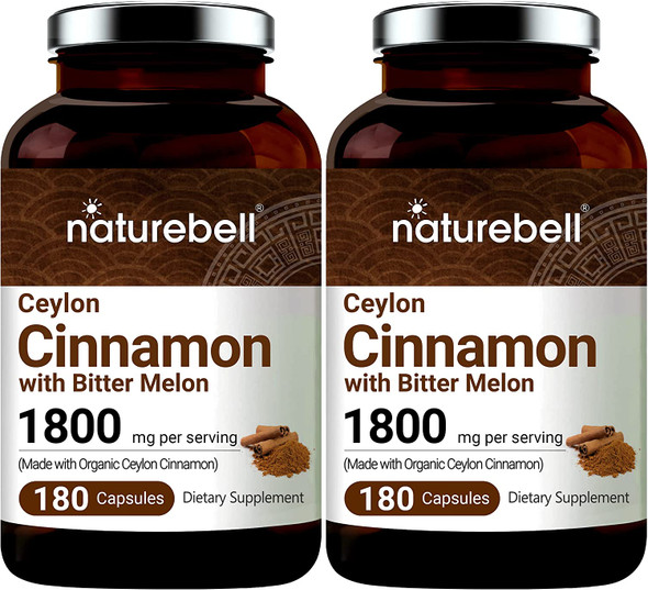 2 Pack Ceylon Cinnamon 1200mg Per Serving 180 Capsules Made with Organic Ceylon Cinnamon Plus Bitter Melon for Sugar Metabolism Heart Function and Joint Health NonGMO