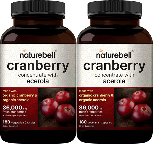 Double Strength Cranberry Pills Made with Organic Wild Cranberry Extract Plus Acerola 25mg 180 Vegan Capsules 36000mg Fresh Cranberries Equivalent Support Urinary Tract Health Sugar Free 2Pack