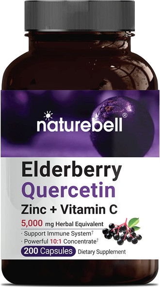 Sambucus Elderberry Capsules with 500mg Quercetin Zinc and Vitamin C 5000mg Herbal Equivalent 200 Capsules 4 in 1 Formula Support Immune System Premium Elderberry Zinc Quercetin Supplements