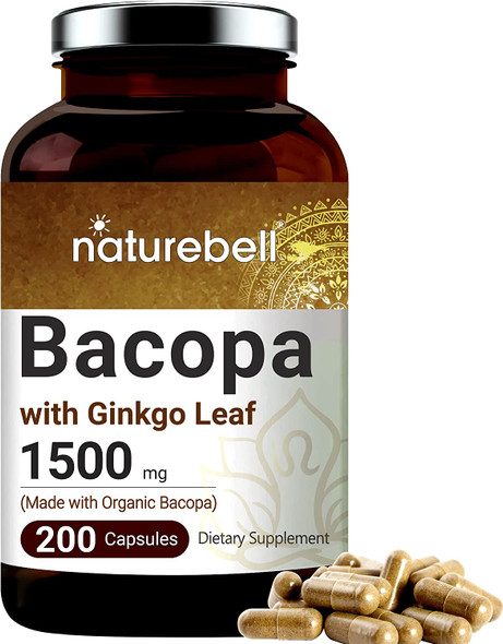 Triple Strength Bacopa Capsules 1500mg Made with Organic Bacopa Complex and Ginkgo Leaf Powder 200 Counts 3 in 1 Formula Nootropics for Positive Mood and Enhanced Memory NonGMO