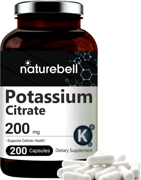 Maximum Strength Potassium Citrate Capsules 200mg 200 Counts Essential Electrolyte Supplement Support Vascular Health and Muscle Function