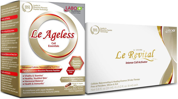 LABO Nutrition Le Ageless Capsule  Le Revital Serum Placenta Cell Rejuvenating Therapy from Japan Enhanced with Nano Collagen Placenta Extract Support Healthy Aging Reduce Wrinkles Dark Spot