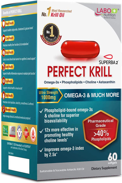 LABO Nutrition Perfect Krill 1000 mg Pure Ultra Strength Antarctic Krill Oil with Omega3s EPA DHA Phospholipids Choline  Astaxanthin Heart Joint Brain Support Supplement 60 softgels