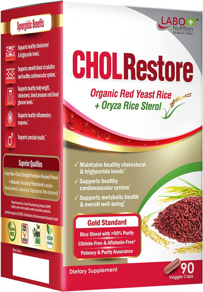 LABO Nutrition CHOLRestore Red Yeast Rice with Phytosterol Health Supplement Supports Healthy Cholesterol Levels Citrinin Aflatoxin  Soy Free 90 Vegetarian Capsules
