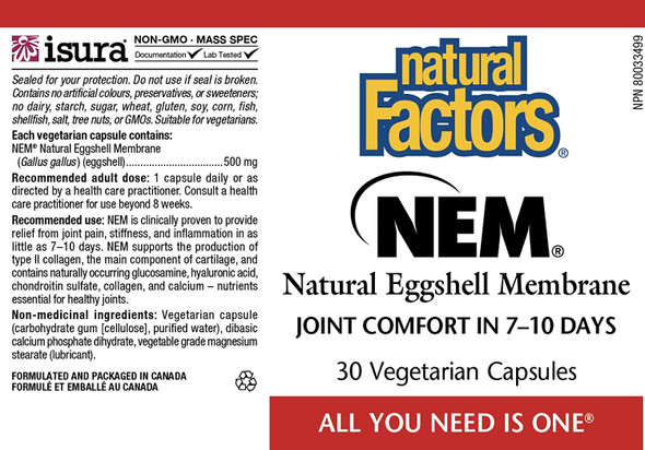 Natural Factors NEM Natural Eggshell Membrane Promotes Joint Comfort and Flexibility 30 Capsules