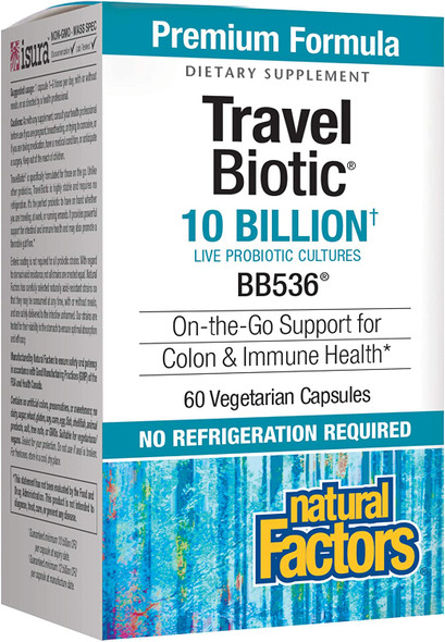 Natural Factors TravelBiotic Supports Colon and Immune Health Shelf Stable Probiotic Supplement 10 Billion CFU Vegan 60 Capsules 60 Servings