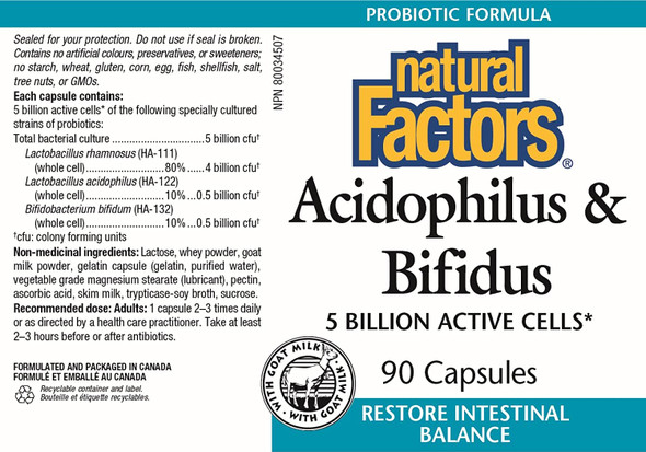 Natural Factors  Acidophilus  Bifidus Promotes WellBeing  Digestive Health 90 Capsules