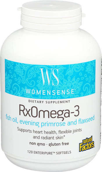 WomenSense by Natural Factors RxOmega3 Fish Oil Supports a Healthy Heart and Joints with Primrose Oil Omega3 DHA and EPA Gluten Free 120 softgels 60 servings