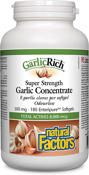 GarlicRich by Natural Factors Super Strength Garlic Concentrate Supports a Healthy Immune and Cardiovascular System 180 softgels 180 servings