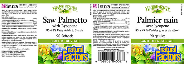 Natural Factors  HerbalFactors Saw Palmetto with Lycopene 160mg Support for Healthy Prostate Function 90 Soft Gels