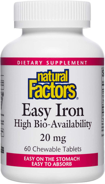 Natural Factors Easy Iron Chewable Gentle Supplement for Energy and Metabolism Support Vegan Tropical Fruit Flavor 60 tablets 60 servings