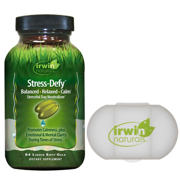 Irwin Naturals Stress Defy, Balanced Relaxed Calm, Promotes Clarity 84 - Liquid Softgels Bundle with a Pill Case