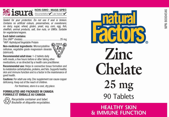 Natural Factors  Zinc Chelate 25mg Support for Healthy Skin  Immune Function 90 Tablets