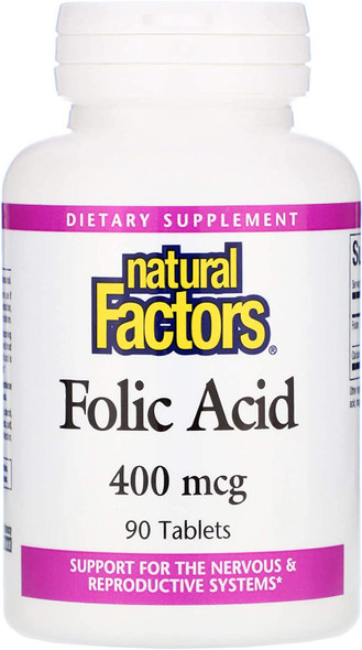 Natural Factors  Folic Acid 400mcg Support for The Nervous  Reproductive Systems 90 Tablets