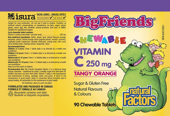 BigFriends by Natural Factors Chewable Vitamin C 250 mg Support for Healthy Bones Teeth and Cartilage Tangy Orange 90 tablets 90 servings