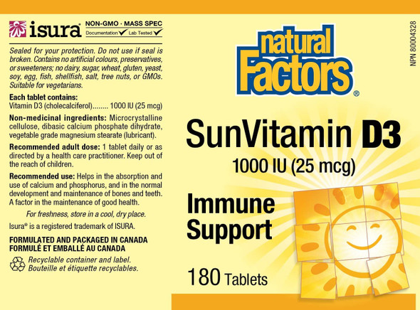 Natural Factors Vitamin D3 1000 IU 25 mcg Supports Strong Bones Muscles and Immune Function 180 Tablets