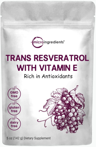 Pure TransResveratrol Powder with Natural Vitamin E 5 Ounce 2 in 1 Formula Micronized Powder for Better Absorption Premium Resveratrol Supplement Super Antioxidant Vegan Friendly