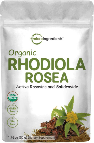 Pure Organic Rhodiola Rosea Powder 50 Grams Filler Free Adaptogenic Herb with Active Rosavins and Salidroside Strongly Supports Energy Production Focus and Attention No GMOs