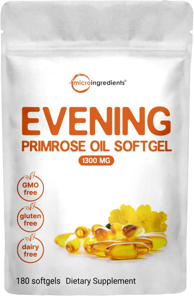 Evening Primrose Oil Softgels 1300mg wtih 10 Active GLA 180 Counts Evening Primrose Cold Pressed Oil Supplement Helping Maintain Healthy Skin Prostaglandin Levels and Balance Immune Response