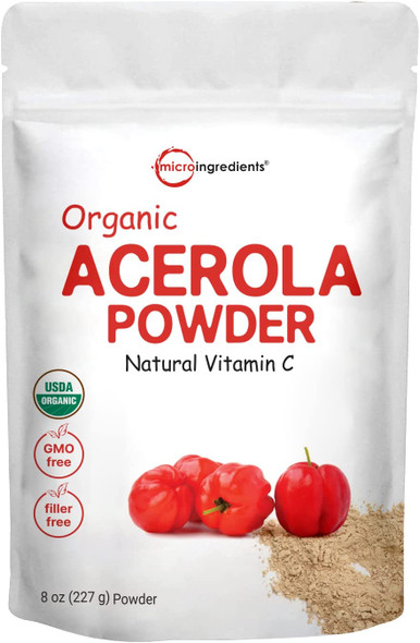 Pure Acerola Cherry Powder Organic Natural Organic Vitamin C for Immune System Booster 8 Ounce Best Superfoods for Beverage Smoothie and Drinks Vegan Friendly Brazil Origin