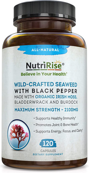Organic Irish Sea Moss 2100mg With Bladderwrack  Burdock 120 Capsules For Immune System Hair Skin  Nails Thyroid Colon Cleanse Keto Detox Digestive  Joint Support Prebiotics Vitamins  Iodine